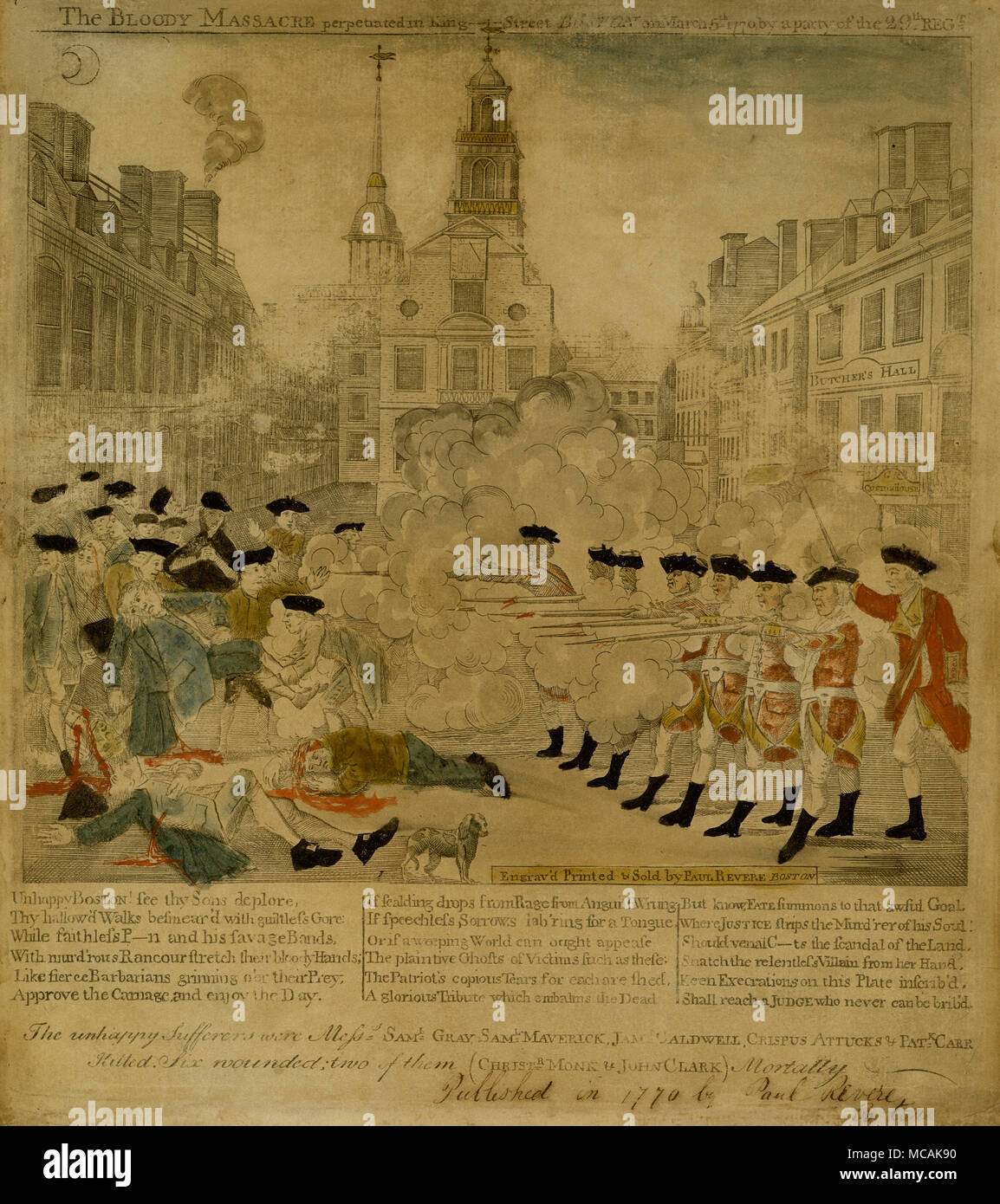 The Boston Massacre, between British soldiers and citizens of Boston on March 5, 1770. On the right a group of seven uniformed soldiers, on the signal of an officer, fire into a crowd of civilians at left. Three of the latter lie bleeding on the ground. Two other casualties have been lifted by the crowd. In the foreground is a dog; in the background are a row of houses, the First Church, and the Town House. Behind the British troops is another row of buildings including the Royal Custom House, which bears the sign (perhaps a sardonic comment) Butcher's Hall. Stock Photo