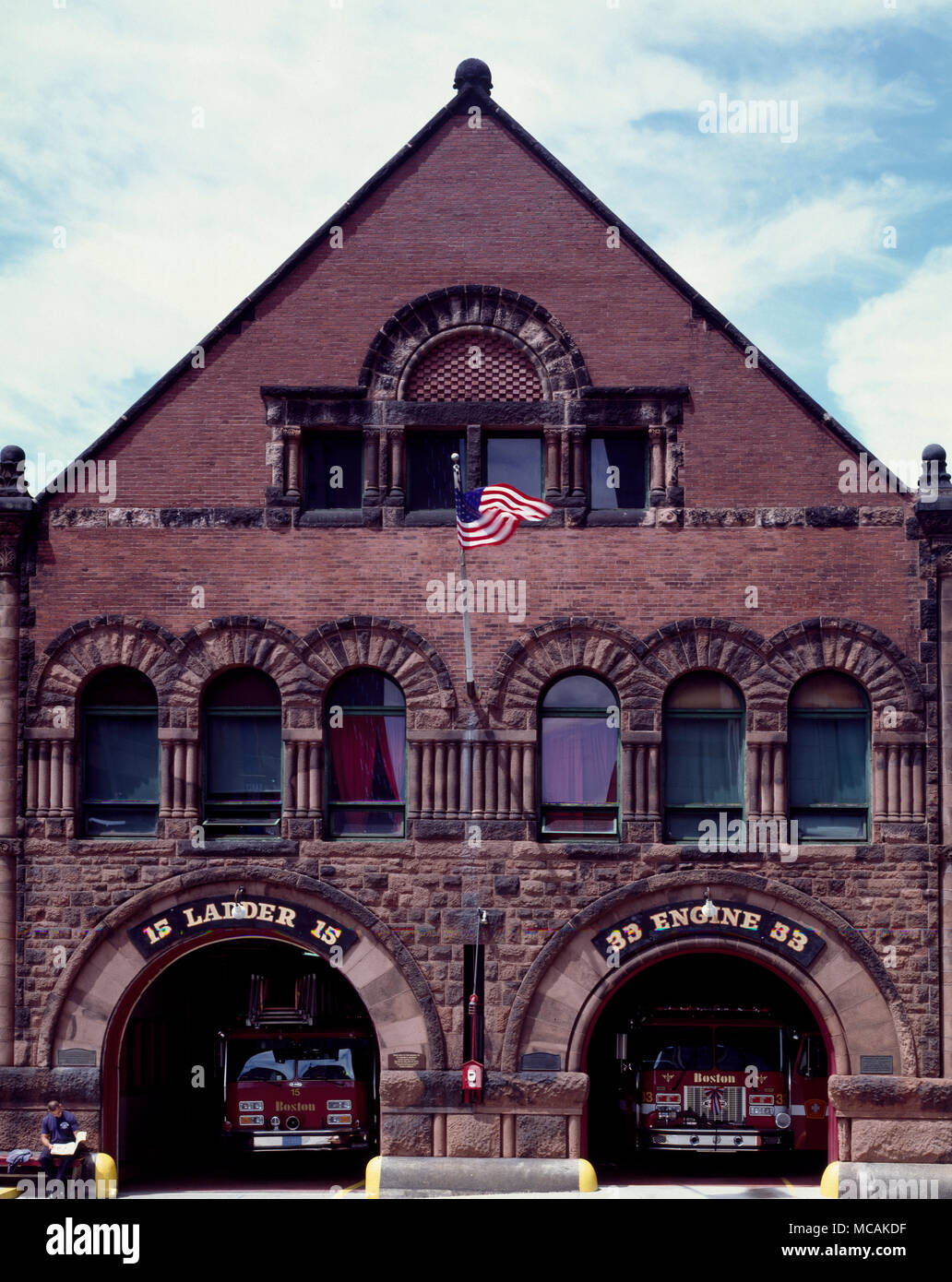 The Boston Fire Department traces its roots back to 1631, a year after the city was founded, when the first fire ordinance was adopted. In what then was the Massachusetts Bay Colony of the Kingdom of England, the city banned thatched roofs and wooden chimneys. However, it wasn't until 1653 that the first hand engine was appropriated to provide pressure for water lines Stock Photo