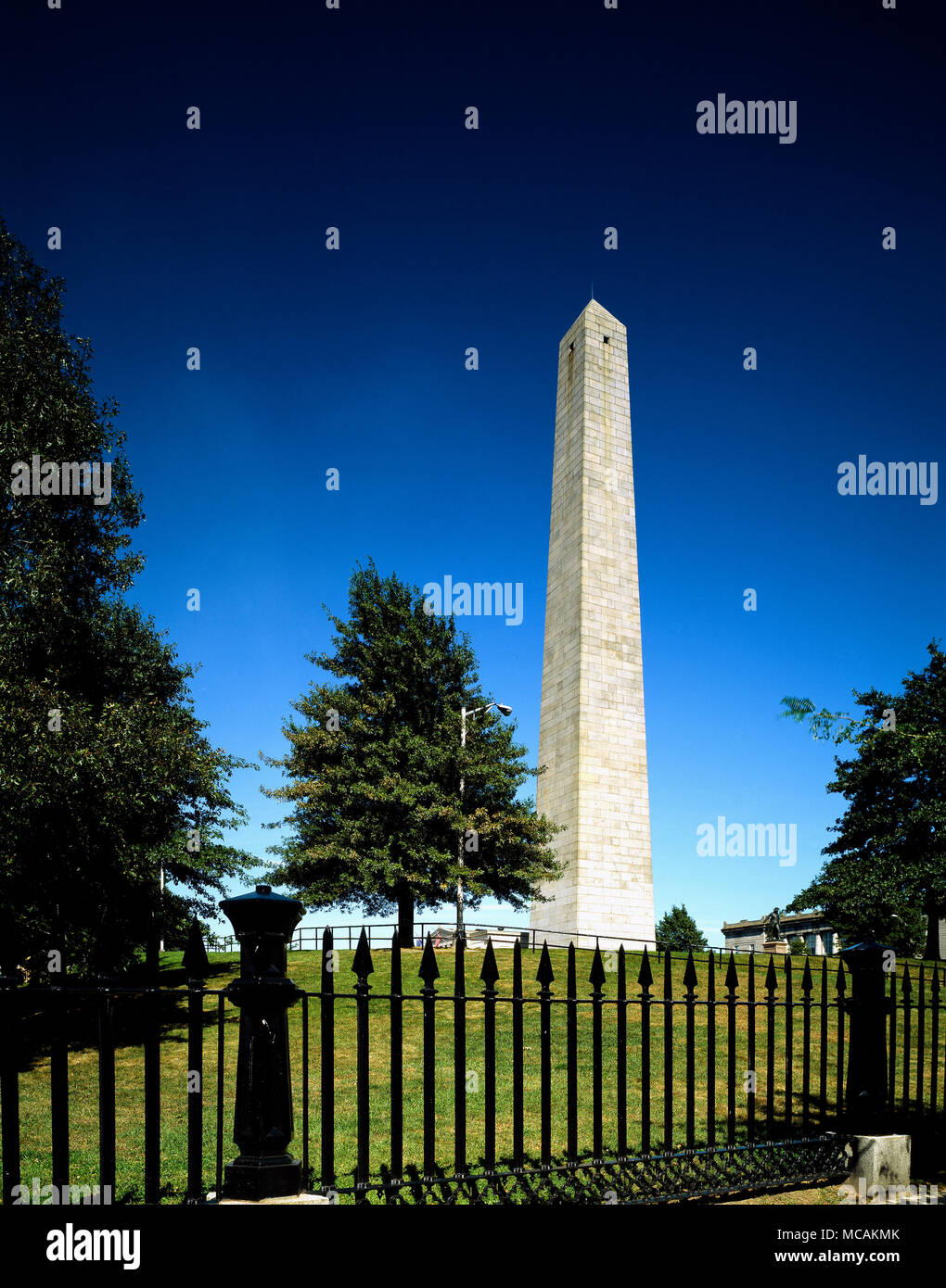 The Bunker Hill Monument is not on Bunker Hill but instead on Breed's Hill, where most of the fighting in the misnamed Battle of Bunker Hill actually took place. The Monument Association, which had purchased the battlefield site, was forced to sell off all but the hill's summit in order to complete the monument. Stock Photo