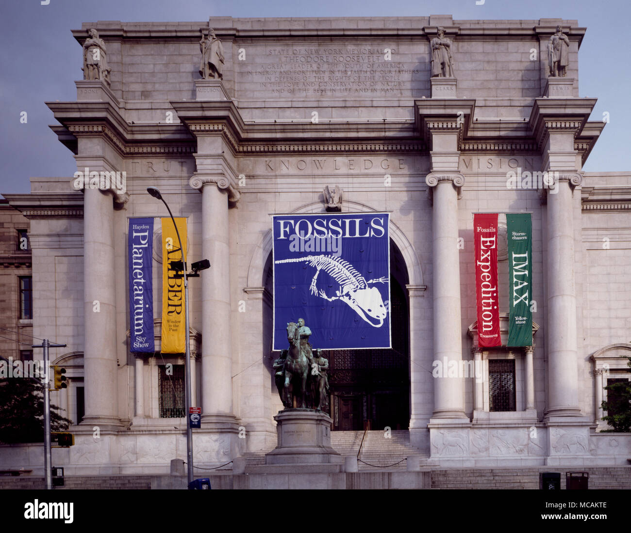 The American Museum of Natural History (abbreviated as AMNH), located on the Upper West Side of Manhattan, in New York City is one of the largest and most celebrated museums in the world. Located in park-like grounds across the street from Central Park, the museum complex contains 27 interconnected buildings housing 45 permanent exhibition halls, in addition to a planetarium and a library. The museum collections contain over 32 million specimens of plants, humans, animals, fossils, minerals, rocks, meteorites, and human cultural artifacts, of which only a small fraction can be displayed at any Stock Photo