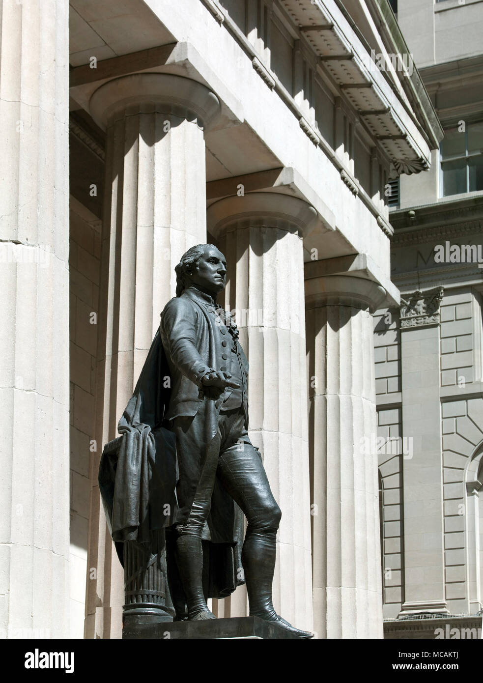 As Secretary of the Treasury, Hamilton was the primary author of the economic policies of the George Washington administration, especially the funding of the state debts by the Federal government, the establishment of a national bank, a system of tariffs, and friendly trade relations with Britain. He became the leader of the Federalist Party, created largely in support of his views, and was opposed by the Democratic-Republican Party, led by Thomas Jefferson and James Madison. Stock Photo