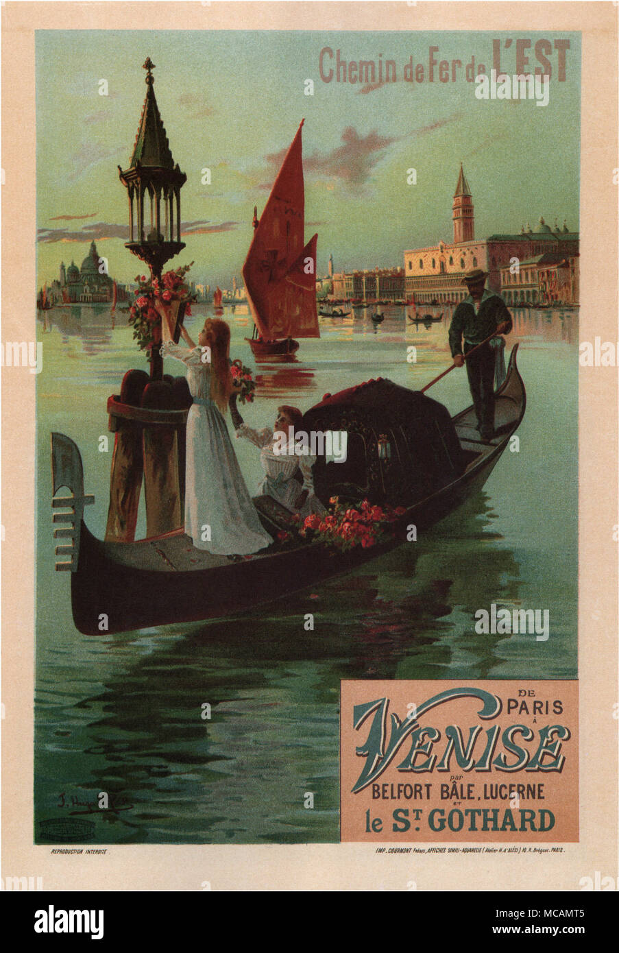F. Hugo D'Alesi (Italian, 1849-1906) designed this French Rail poster for travel to Venice Italy.  The Compagnie des chemins de fer de l'Est (CF de l'Est), often referred to simply as the Est company, was an early French railway company. The company was formed in 1853 by fusion from Compagnie de Paris ? Strasbourg, operating the Paris-Strasbourg line, and Compagnie du chemin de fer de Montereau ? Troyes. In 1854 company absorbed Compagnie de Strasbourg ? Bale and in 1863 the railway network of Ardennes.  Here a woman on a gondola arranges flowers on a street lamp along the waterway. Stock Photo