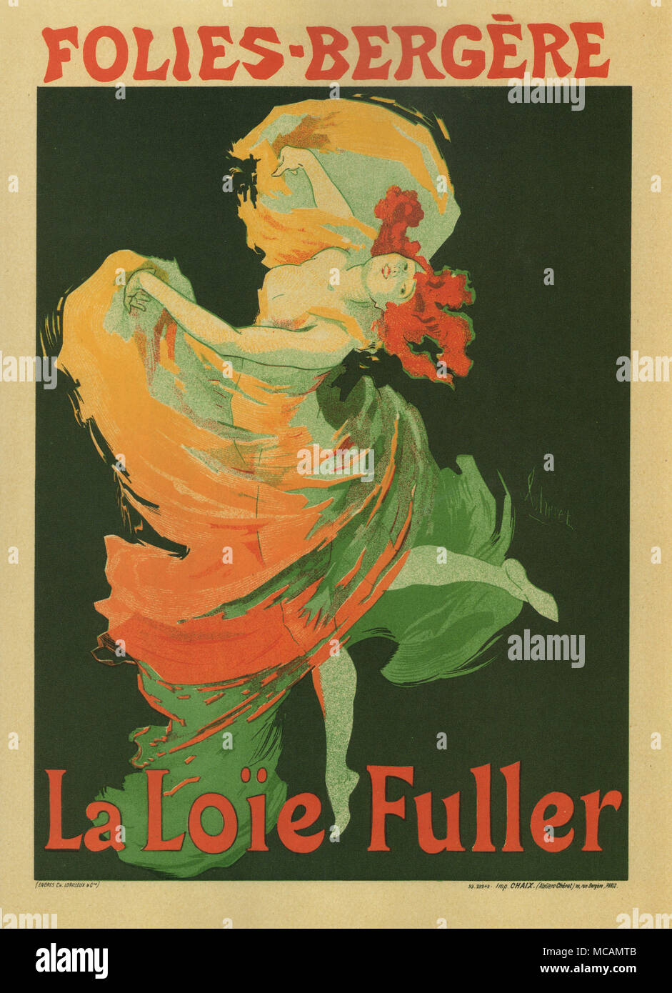 Jules Cheret poster of Loie Fuller (also Lo?e Fuller; January 15, 1862 ? January 1, 1928) at the Folies Bergere.  She was a pioneer of both modern dance and theatrical lighting techniques. Stock Photo