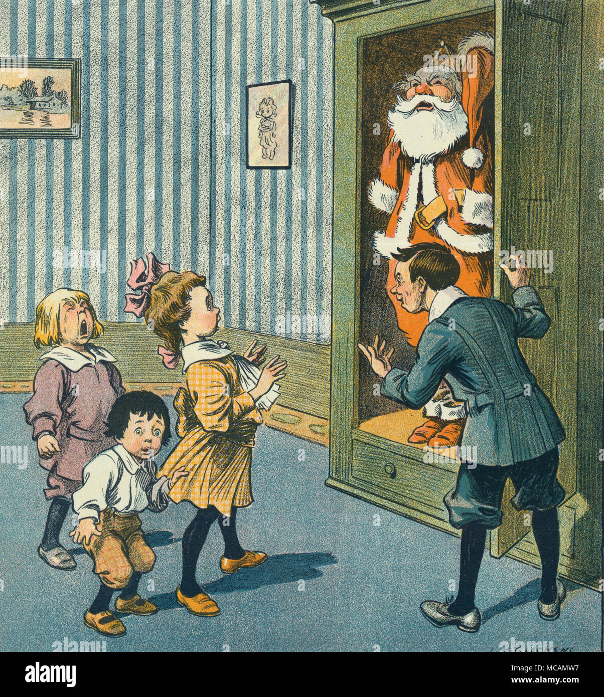 Children cry when they discover Santa has been locked in a cabinet.  Done by illustrator Louis M. Glackens (1866?1933).  He was American illustrator, animator and cartoonist, and the brother of Ashcan School painter and illustrator William Glackens.  Louis M. Glackens was born in Philadelphia, Pennsylvania. In the 1890s he began to work for Puck, a magazine known for its political and social satire, where his humorous depictions of different ethnic groups reflected the melting pot of New York City at that time. Stock Photo
