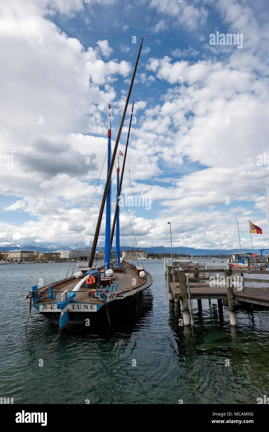 Geneva, Switzerland - may 13, 2018 : The Neptune is a Lake Geneva boat used  for the transportation of goods. Built in 1904, it is one of the last wi Stock Photo