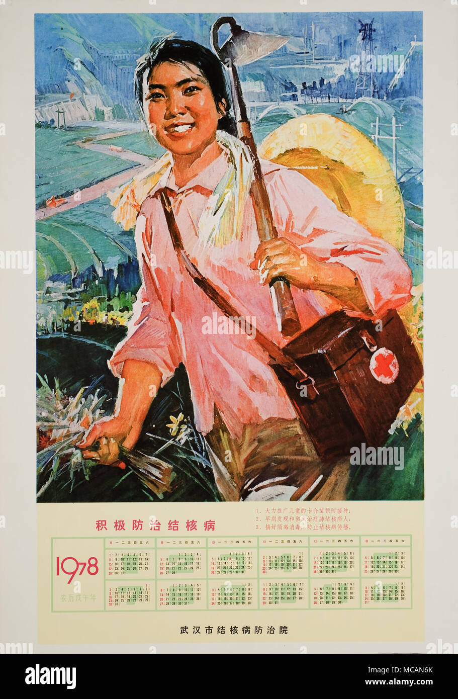 a smiling young girl in a field, in a pink shirt, carrying a hoe and a nurse's bag over her shoulder. The bottom portion of the poster is a calendar for year 1978. Next to the title are three written statements emphasizing the universal use of BCG vaccines for children, early discovery and treatment of TB, and isolation and disinfection as ways of prevention. Stock Photo