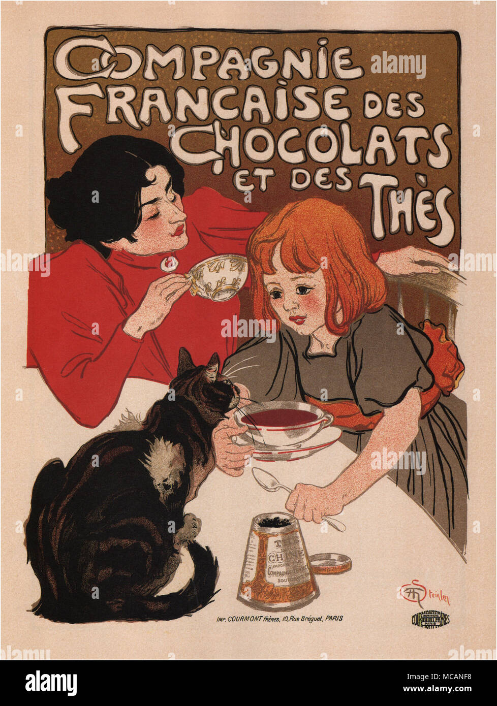 Chocolate de la Compagnie Francaise advertising poster.  The cozy breakfast time was a favorite theme of the great painters, and the Impressionists loved portraying the humble joys of the table. Steinlen (1859-1923) also serves up a breakfast drink in appropriate style. Mother (Emilie) and child (Colette) sit side by side, the blonde daughter drinking her chocolate, while mamma enjoys a cup of aromatic Chinese tea made by the 'Compagnie Fran?aise des Chocolats et des Thes' (French Chocolate and Tea Company) The purring cat in the foreground signifies contentment. Steinlen's lines are smooth an Stock Photo