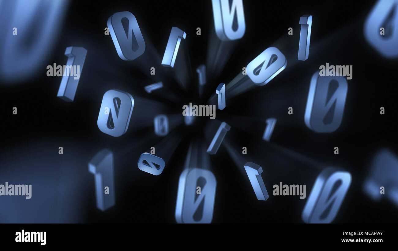 3D Digital Concept Showing Binary Numbers Exploding Out Towards the Camera With Motion Blur Trails Stock Photo