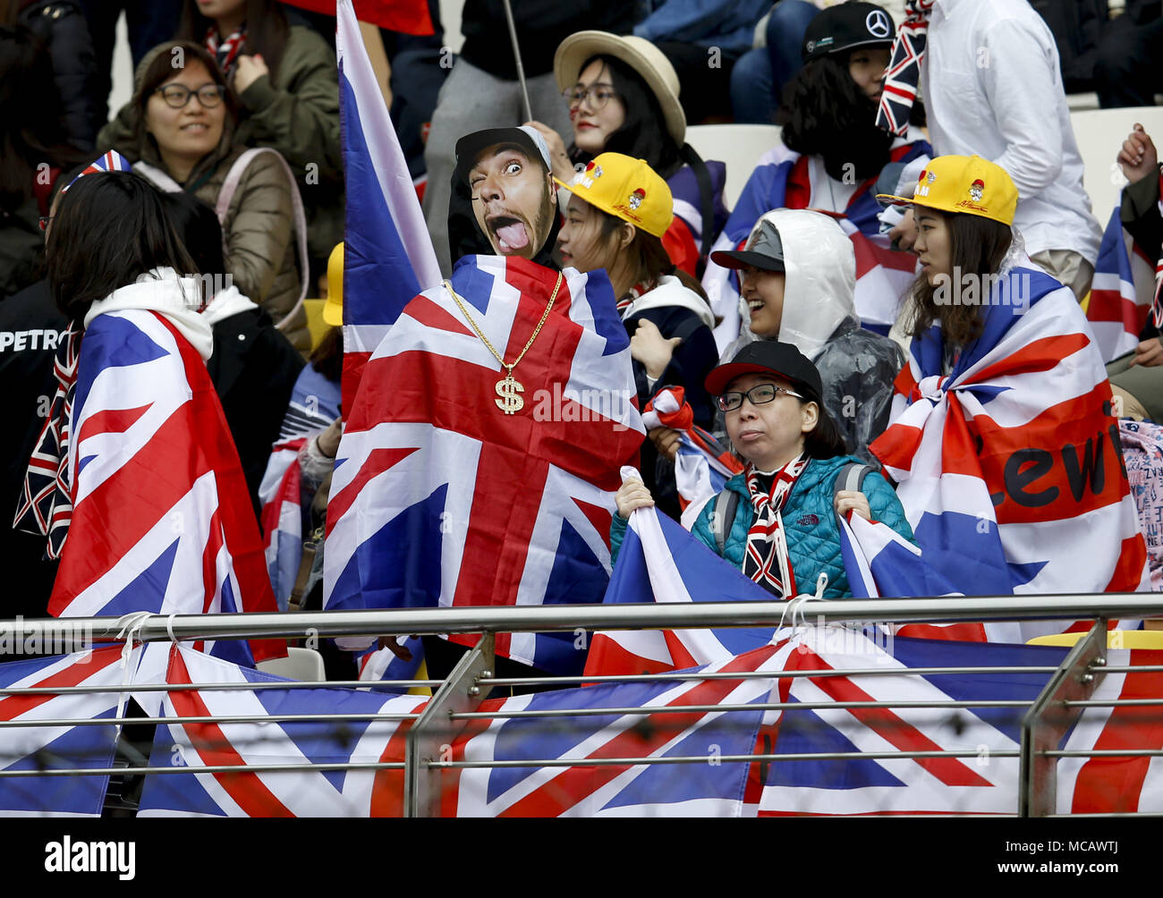 Shanghai Circuit, Shanghai China. 14th Apr, 2018. F1 Grand Prix of China, Qualification sessions; Fans of British driver Lewis Hamilton Credit: Action Plus Sports/Alamy Live News Stock Photo