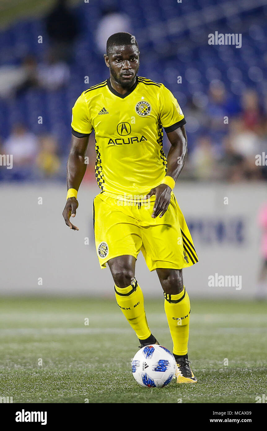 Annapolis, MD, USA. 14th Apr, 2018. Columbus Crew SC Defender #4 Jonathan Mensah during a MLS soccer match between the D.C. United and the Columbus Crew SC at Navy Marine Corp Memorial Stadium in Annapolis, MD. Justin Cooper/CSM/Alamy Live News Stock Photo
