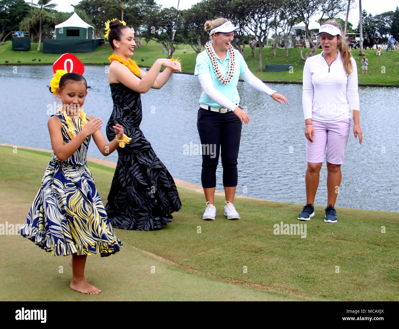 April 14 2018 Winner Brooke Henderson Along With Her Sister Caddy Brittany Attempt To Hula