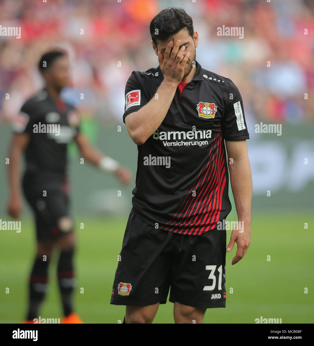 Leverkusen, Germany April 14 2018, Bundesliga matchday 30, Bayer 04 Leverkusen  vs Eintracht Frankfurt: Kevin Volland (B04) reagiert. Credit: Juergen  Schwarz/Alamy Live News Stock Photo - Alamy
