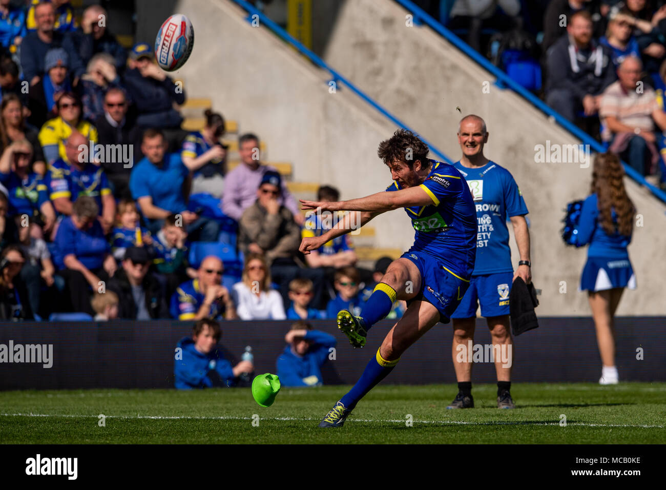 Warrington Wolves's Stefan Ratchford scores a conversion goal  14th April 2018 , The Halliwell Jones Stadium Mike Gregory Way, Warrington, WA2 7NE, England;  Betfred Super League rugby, Round 11, Warrington Wolves v Hull Kingston Rovers Stock Photo