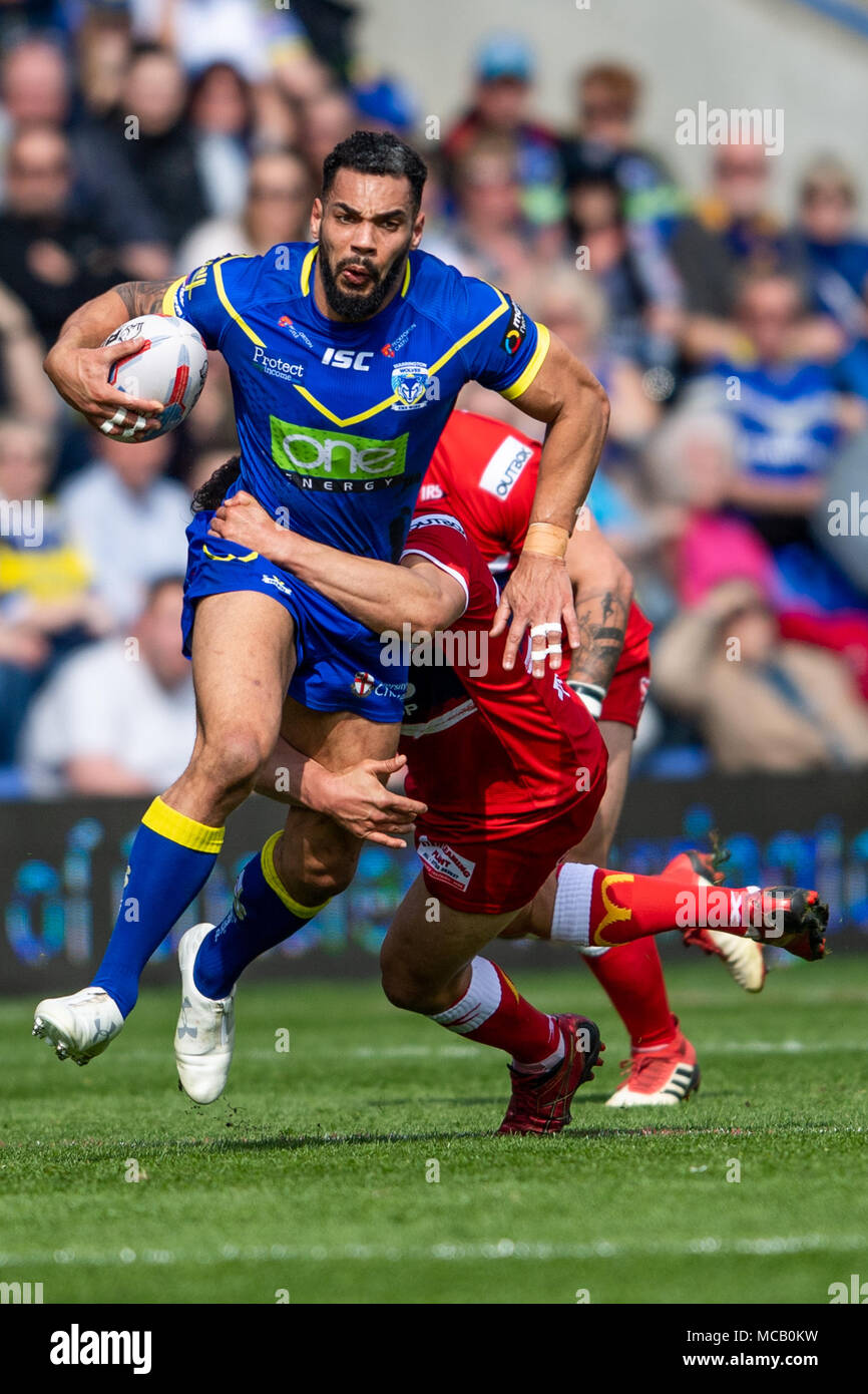 Warrington Wolves's Ryan Atkins is tackled by Hull's Maurice Blair  14th April 2018 , The Halliwell Jones Stadium Mike Gregory Way, Warrington, WA2 7NE, England;  Betfred Super League rugby, Round 11, Warrington Wolves v Hull Kingston Rovers Stock Photo