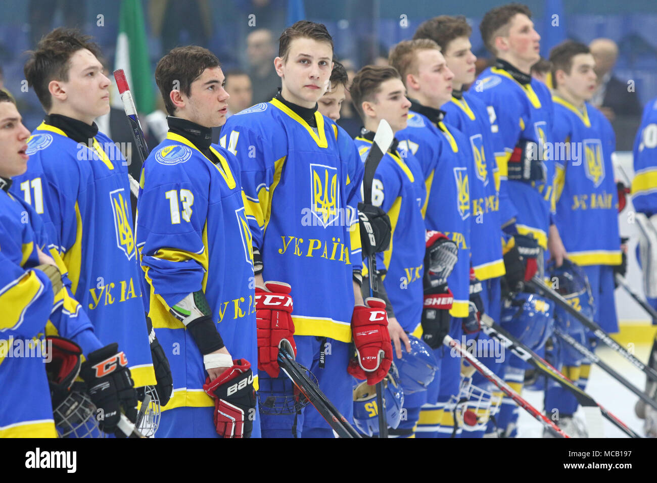 Kiev Ukraine 14th April 18 Players Of Ukraine National Team During The Iihf 18 Ice Hockey U18 World Championship Div 1 Group B Game Against Japan At Palace Of Sports In Kyiv