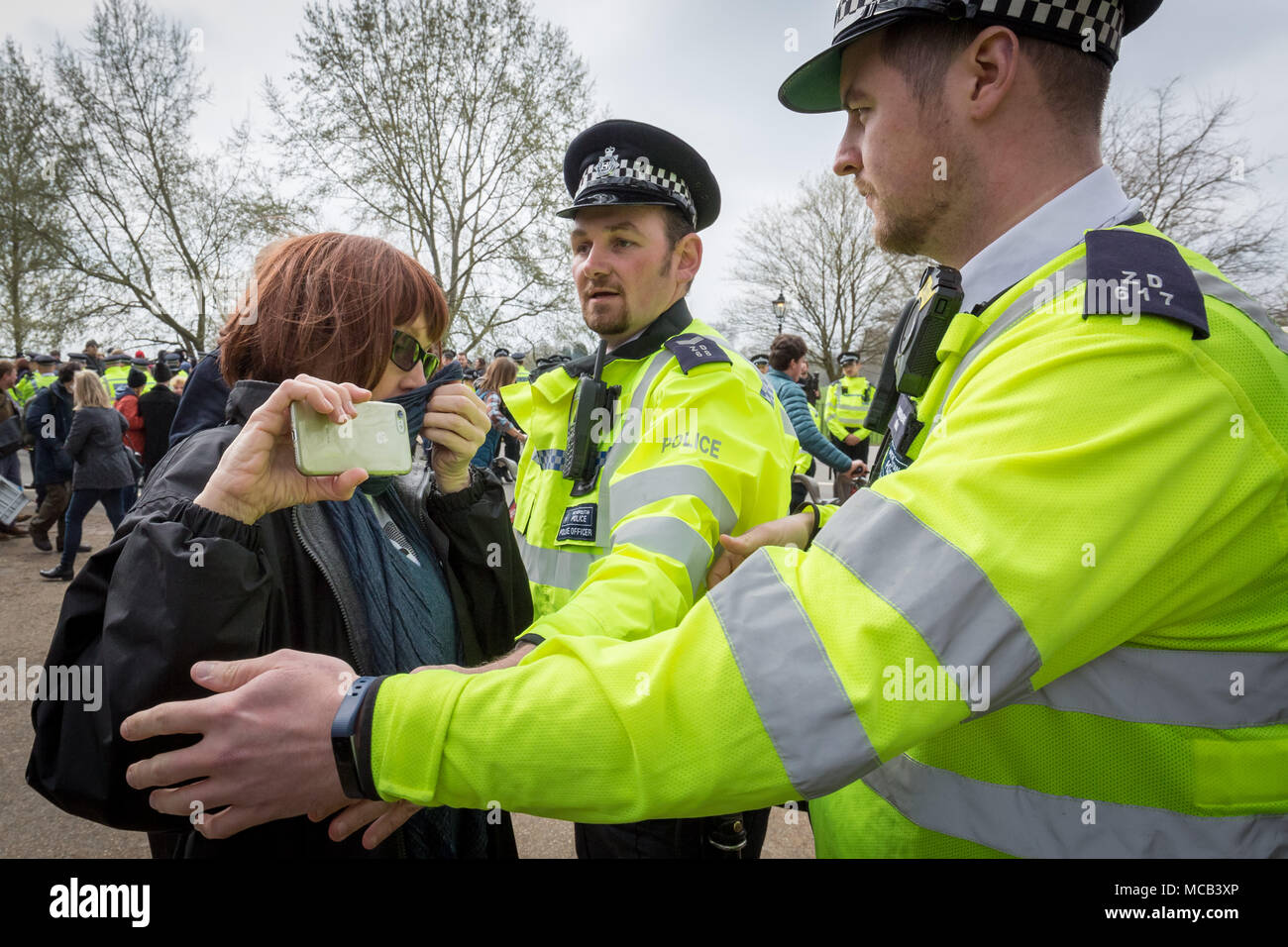 London, UK. 15th April, 2018. Confrontations between nationalist members and opposing anti-fascist activists (pictured) in Hyde Park as members of the right-wing Generation Identity movement wait to hear a speech by a representative from the German women’s 120dB movement. Credit: Guy Corbishley/Alamy Live News Stock Photo