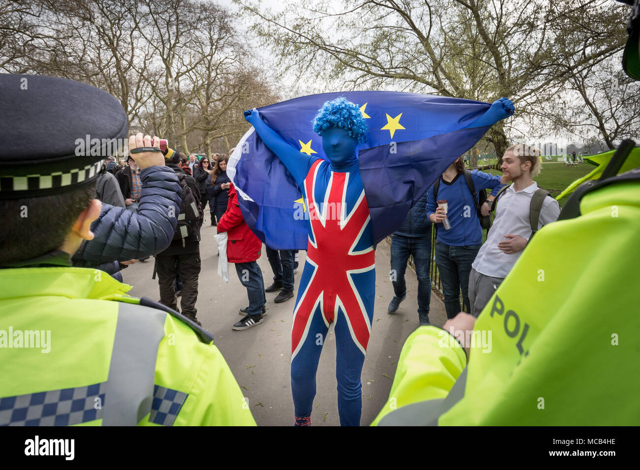 London, UK. 15th April, 2018. A Pro-EU supporter holds a solo ‘remain’ demonstration at Speaker’s Corner in Hyde Park. Credit: Guy Corbishley/Alamy Live News Stock Photo