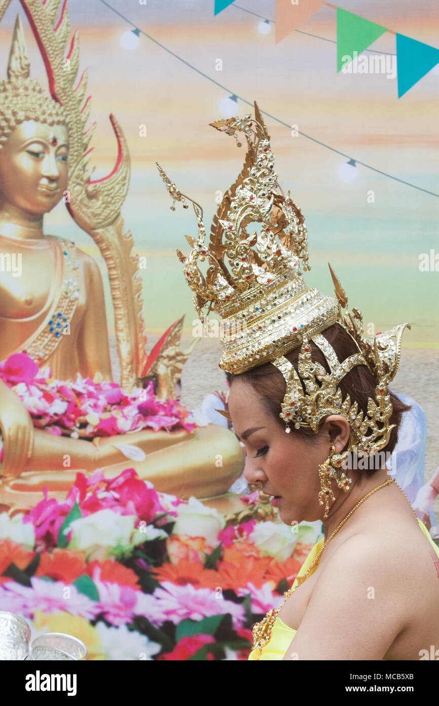 London UK. 15th April 2018. A Traditonal Thai dancer performs  at the Thai New Year (Songkran) at the Buddhapadipa Temple in Wimbledon, the largest Thai temple in the UK with religious ceremonies Thai classical music and dancing performances as well as stalls selling Thai food, groceries and souvenirs Stock Photo