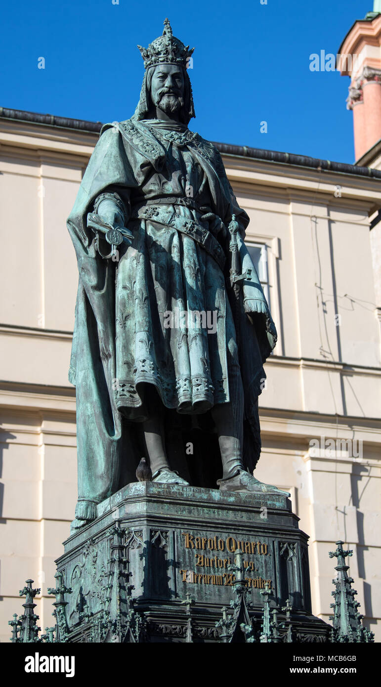 10 April 2018, Czech Republic, Prague: The stateu of Charles IV. The statue  from 1848 is nearly four metres tall and was designed by the sculptor Ernst  Haehnel from Dresden. Photo: Monika