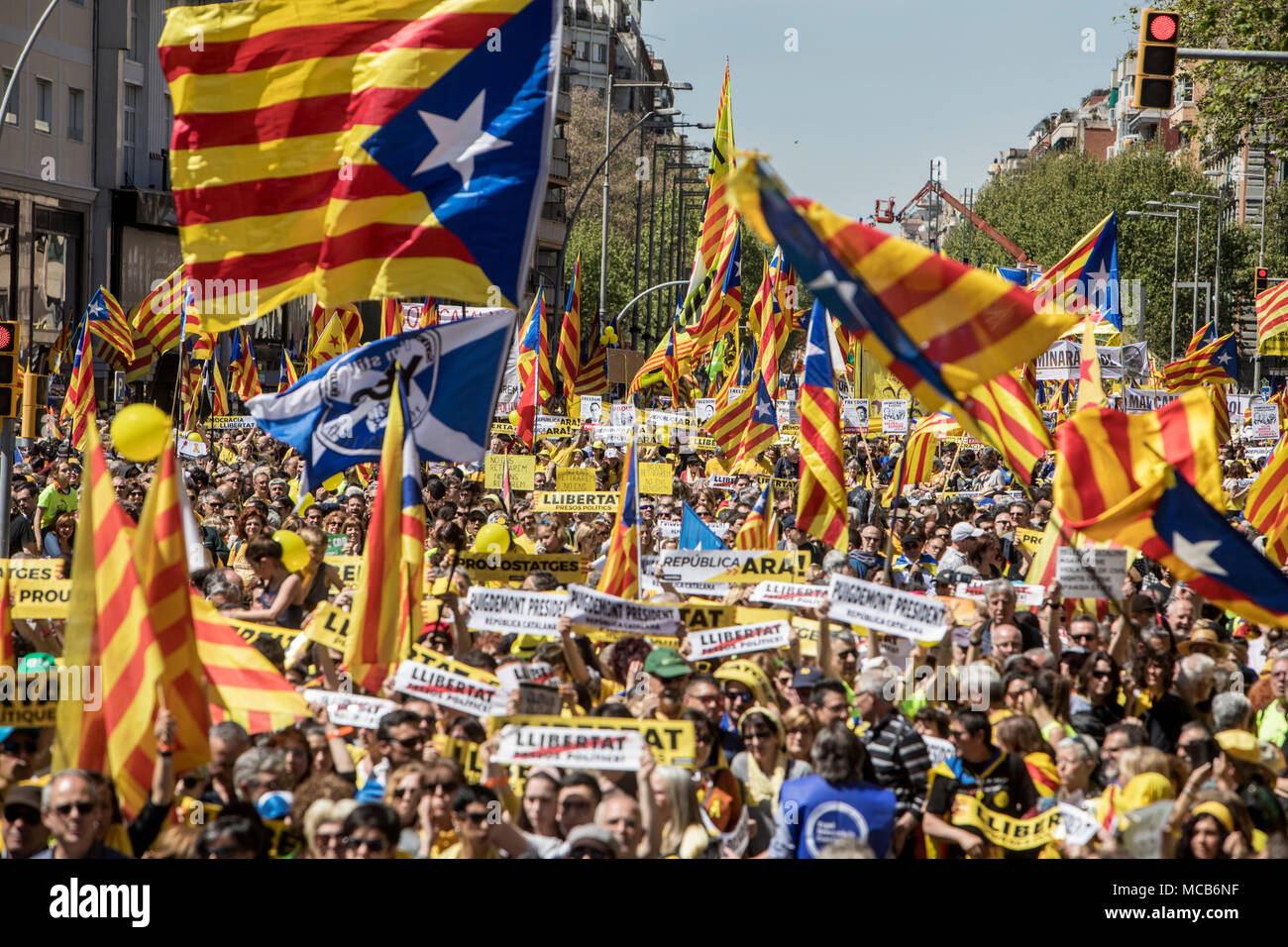 Barcelona, Spain 15th April 2018  Protesters seen waving the Catalan independence flags during the demonstration. A demonstration organized by social, cultural organizations, unions and political parties, under the motto 'We want you at home'. Credit: SOPA Images Limited/Alamy Live News Stock Photo