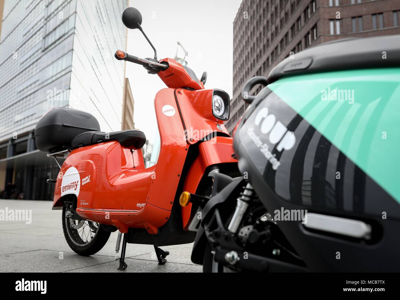 13 April 2018, Germany, Berlin Electric scooters from the sharing