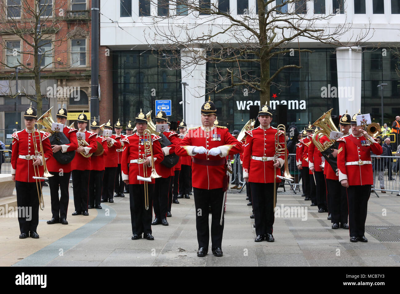 Manchester, UK. 15th Apr, 2018. The Band of The Kings Division at the remembrance Parade and service to commemorate The Battle Of Manchester Hill 100 years ago in France which saw the loss of 79 men, Manchester,15th April, 2018 (C)Barbara Cook/Alamy Live News Credit: Barbara Cook/Alamy Live News Stock Photo