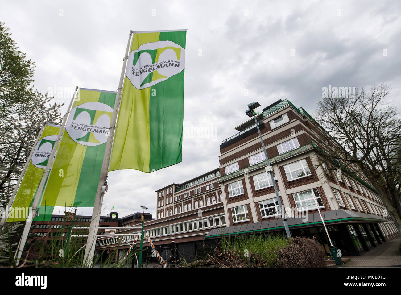 Muelheim an der Ruhr, Germany 15 April 2018 The company flags sway in the wind outside the company headqurters of retail and holding company Tengelmann. Photo: Bernd Thissen/dpa Credit: dpa picture alliance/Alamy Live News Stock Photo