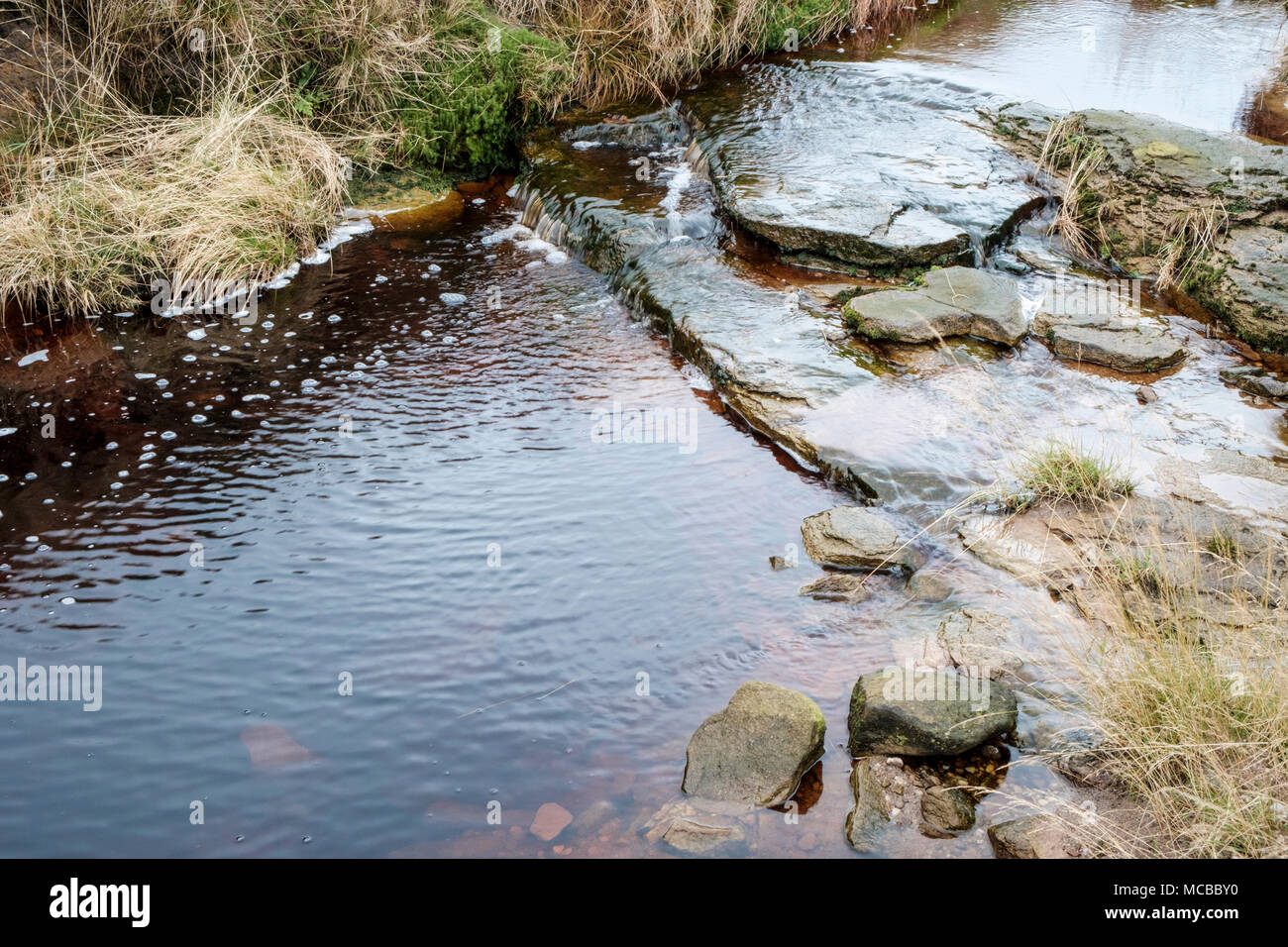 Stream flowing over moorland, Kinder Scout, Derbyshire, Peak District, England, UK Stock Photo