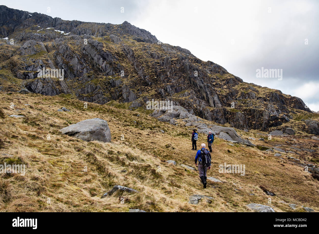 Hikers in Nameles Cwm / Cneifion hiking to start of Seniors Ridge route to Glyder Fawr in mountains of Snowdonia National Park. Ogwen Wales UK Britain Stock Photo