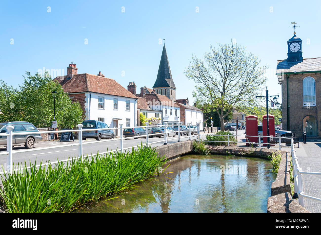 River Test tributary and St. Peter's Church spire, High Street