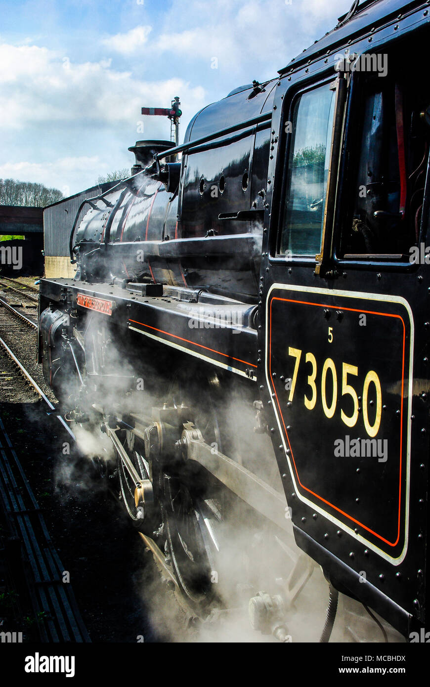 British Railways Standard Class 5 73050 preserved British steam locomotive, named City of Peterborough on the Nene Valley Railway. Steam train Stock Photo
