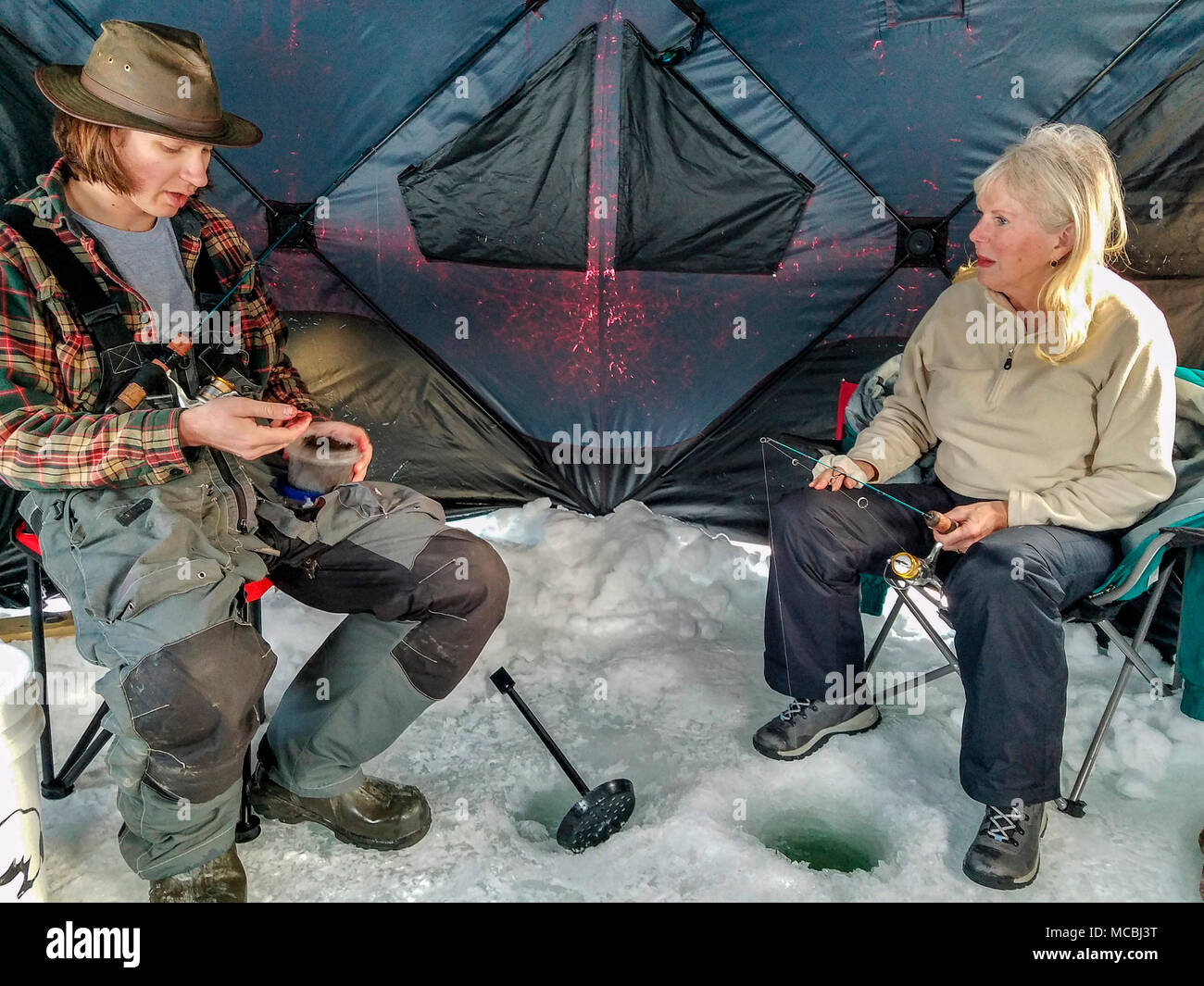 Ice fishing on Heffley Lake near Sun Peaks Resort with Elevated Fishing