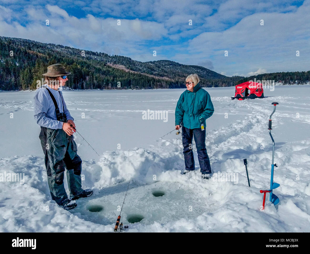 Ice fishing on Heffley Lake near Sun Peaks Resort with Elevated Fishing