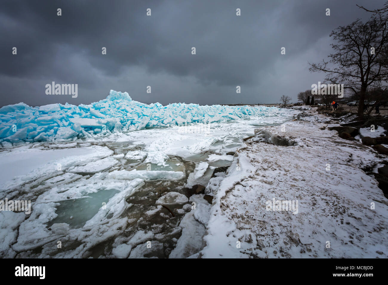 Blue Ice, Meaford, Georgian Bay, Ontario, Canada, six meters high, Blue Ice occurs when snow falls, is compressed, air bubbles are squeezed out and ic Stock Photo