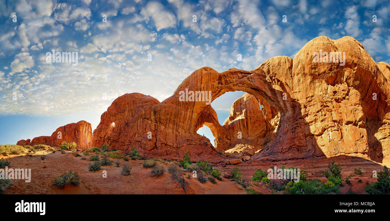 Double Arch, red sandstone arches formed by erosion, Arches National Park, near Moab, Utah, USA, North America Stock Photo