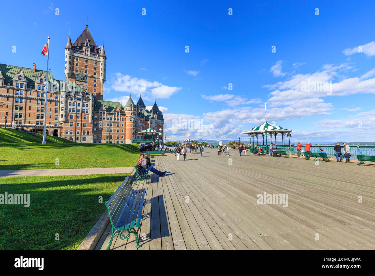Seaside promenade Dufferin Terrace with Château Frontenac, St. Lawrence River, Québec, Québec Province, Canada Stock Photo