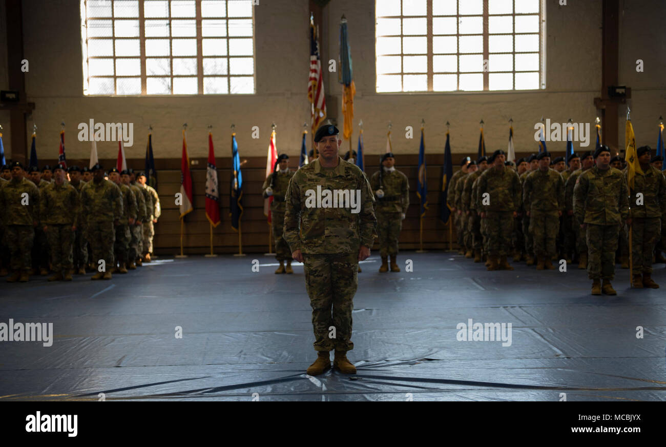 Lt. Col. Bryan J. Dodd, incoming commander of 3rd Battalion, 66th Armor Regiment, 1st Armored Brigade Combat Team, 1st Infantry Division, stands before his unit during a change of command ceremony March 14 at King Field House on Fort Riley. (Staff Sgt. Elizabeth Tarr, 1st ABCT Public Affairs) Stock Photo