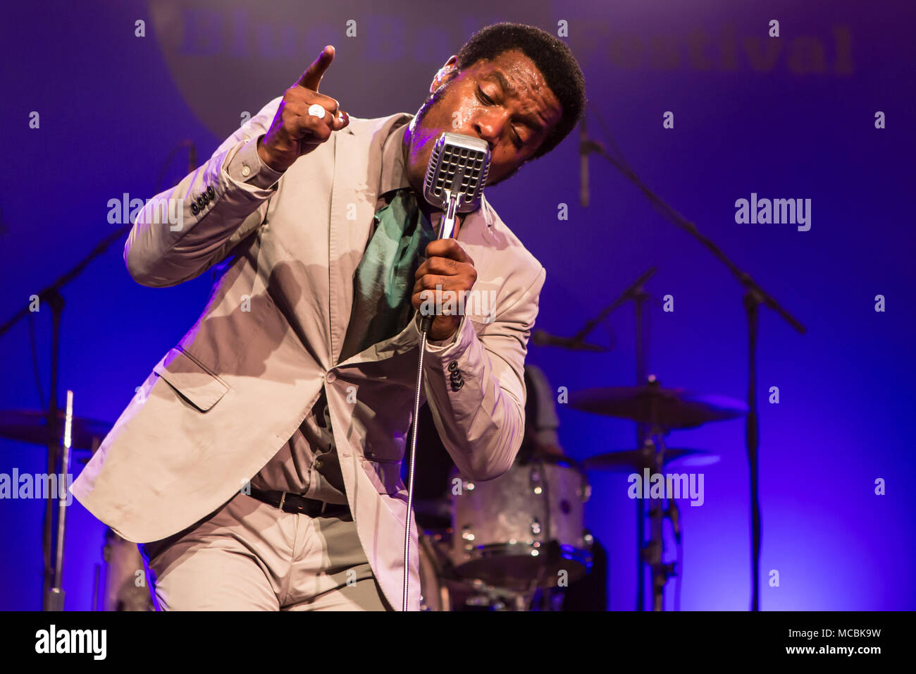 The US-American Rhythm and Blues Band Vintage Trouble live at the Blue Balls Festival Lucerne, Switzerland Ty Taylor: Vocals Stock Photo