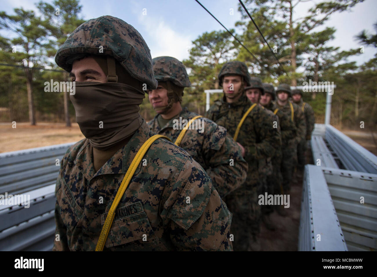 U.S. Marines with 2nd Transportation Support Battalion, 2nd Marine Logistics Group, practice exiting an aircraft before a low level static line jump as part of Bold Bronco 18 on Fort Bragg, N.C., March 24, 2018. Bold Bronco 18 was an annual battalion sized training exercise held to promote force readiness. Stock Photo