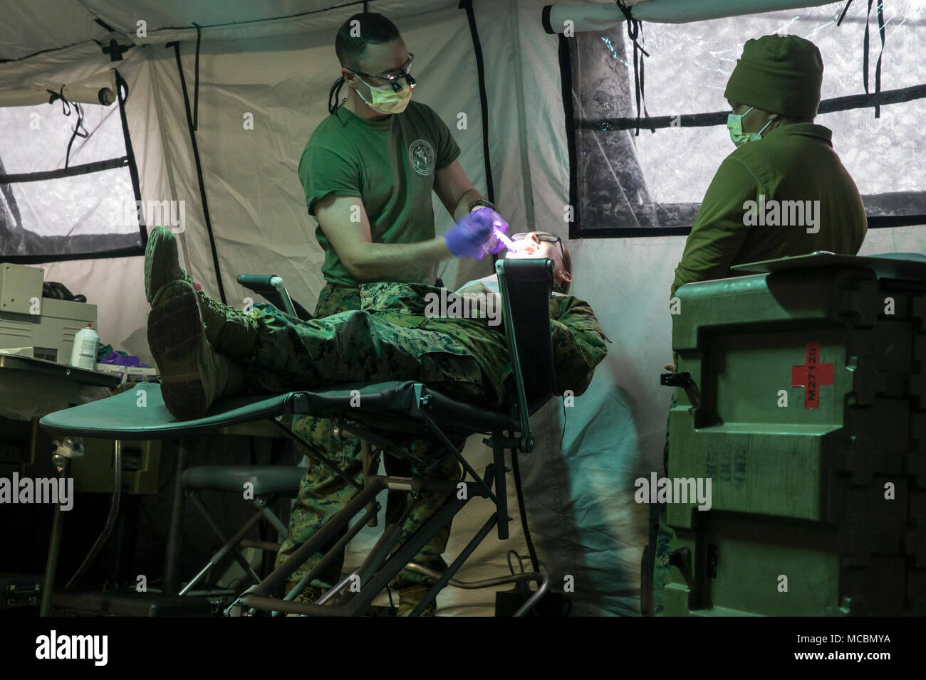 U.S. Navy Lt. Ian Daulton with 2nd Dental Battalion, 2nd Marine Logistics Group, gives a dental exam to a patient during Bold Bronco 18 on Fort Bragg, N.C., March 24, 2018. Bold Bronco 18 was an annual battalion sized training exercise held to promote force readiness. Stock Photo