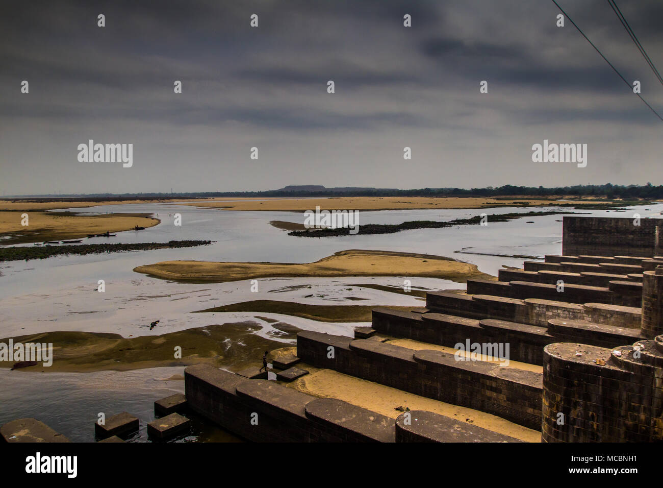 oblique view of dam barrage in durgapur city landscape with flood gates