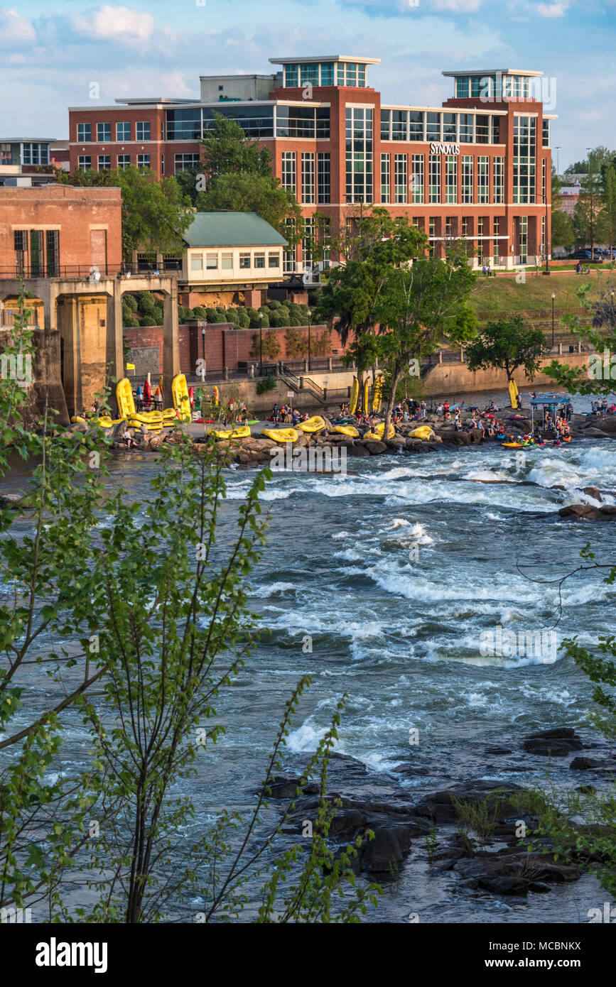 Kayakers and spectators gathered on the Chattahoochee River waterfront for Paddle South in Columbus, Georgia. (USA) Stock Photo