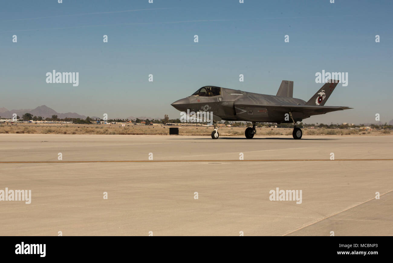 The Commanding Officer of Marine Fighter Attack Squadron 122 (VMFA-122), Lt. Col. John P. Price, lands after conducting the first flight operations in an F-35B Lightning ll at Marine Corps Air Station (MCAS) Yuma, Ariz., March 29, 2018. VMFA-122 conducted the flight operations for the first time as an F-35 squadron. Stock Photo