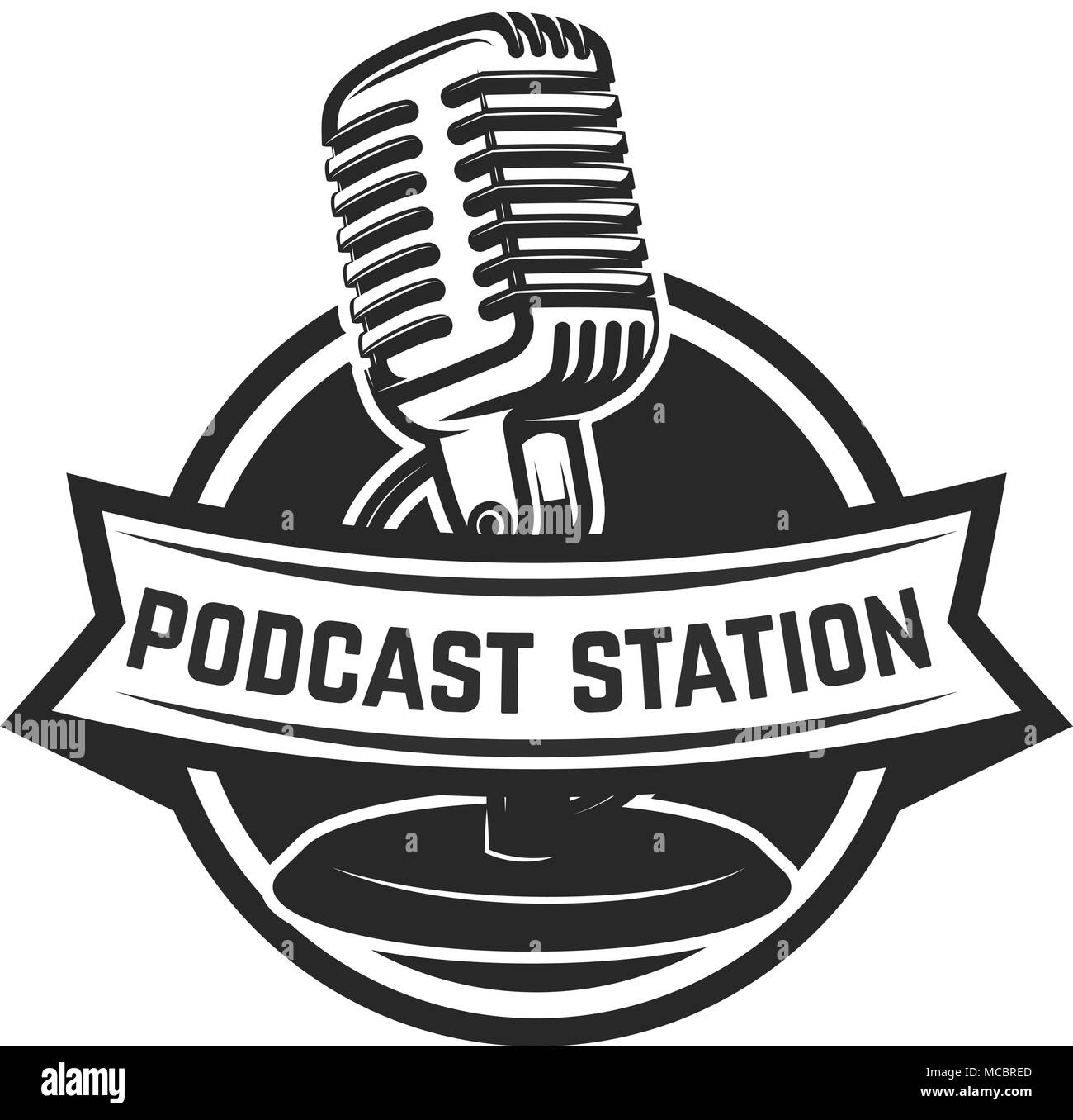 Podcast station. Emblem template with retro microphone. Design