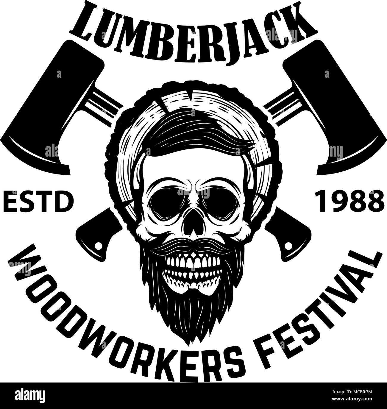Lumberjack skull with crossed axes. Design element for emblem, sign