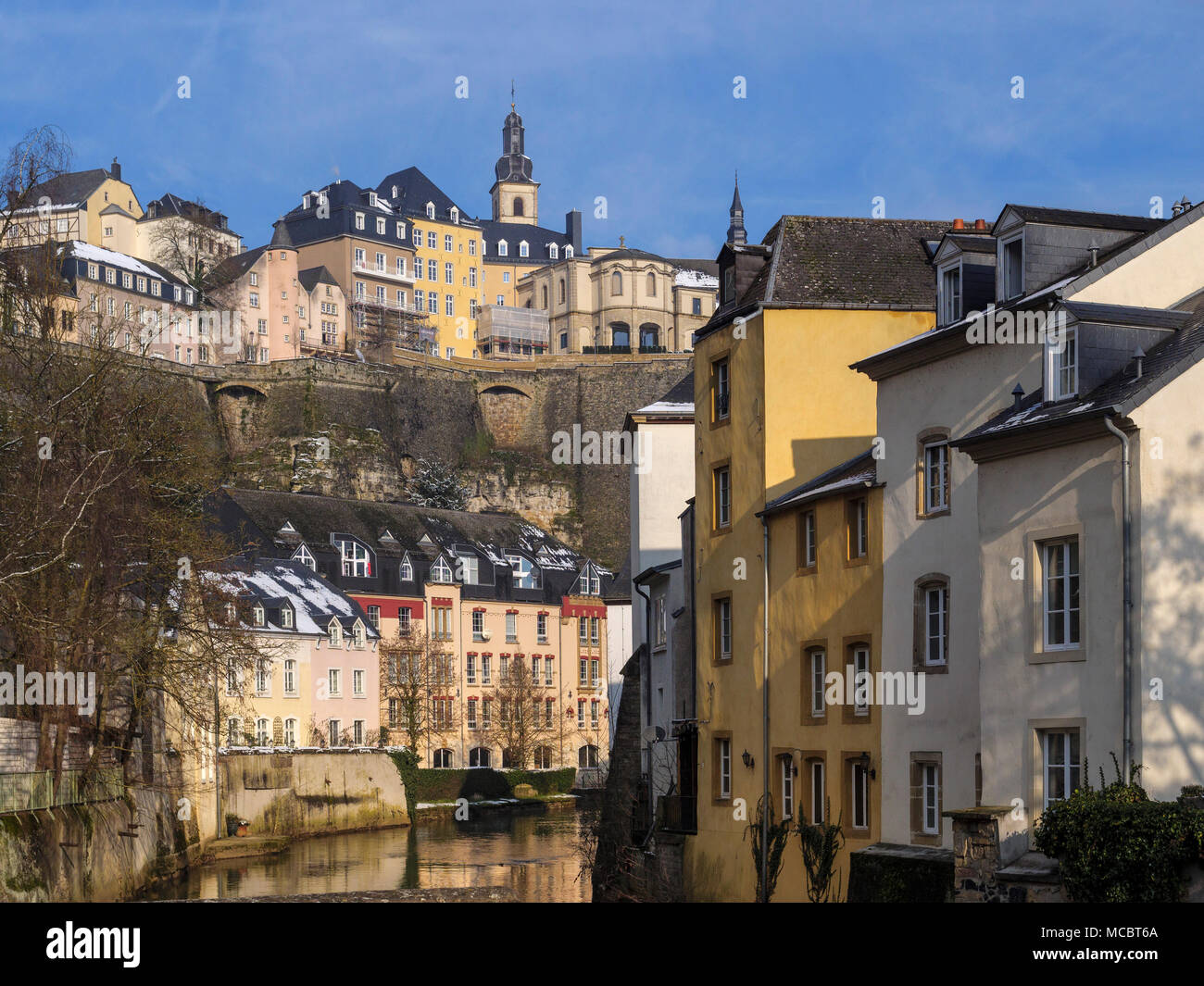 Historc city and Alzette in Grund, Luxembourg City, Europe, UNESCO Heritage Site Stock Photo