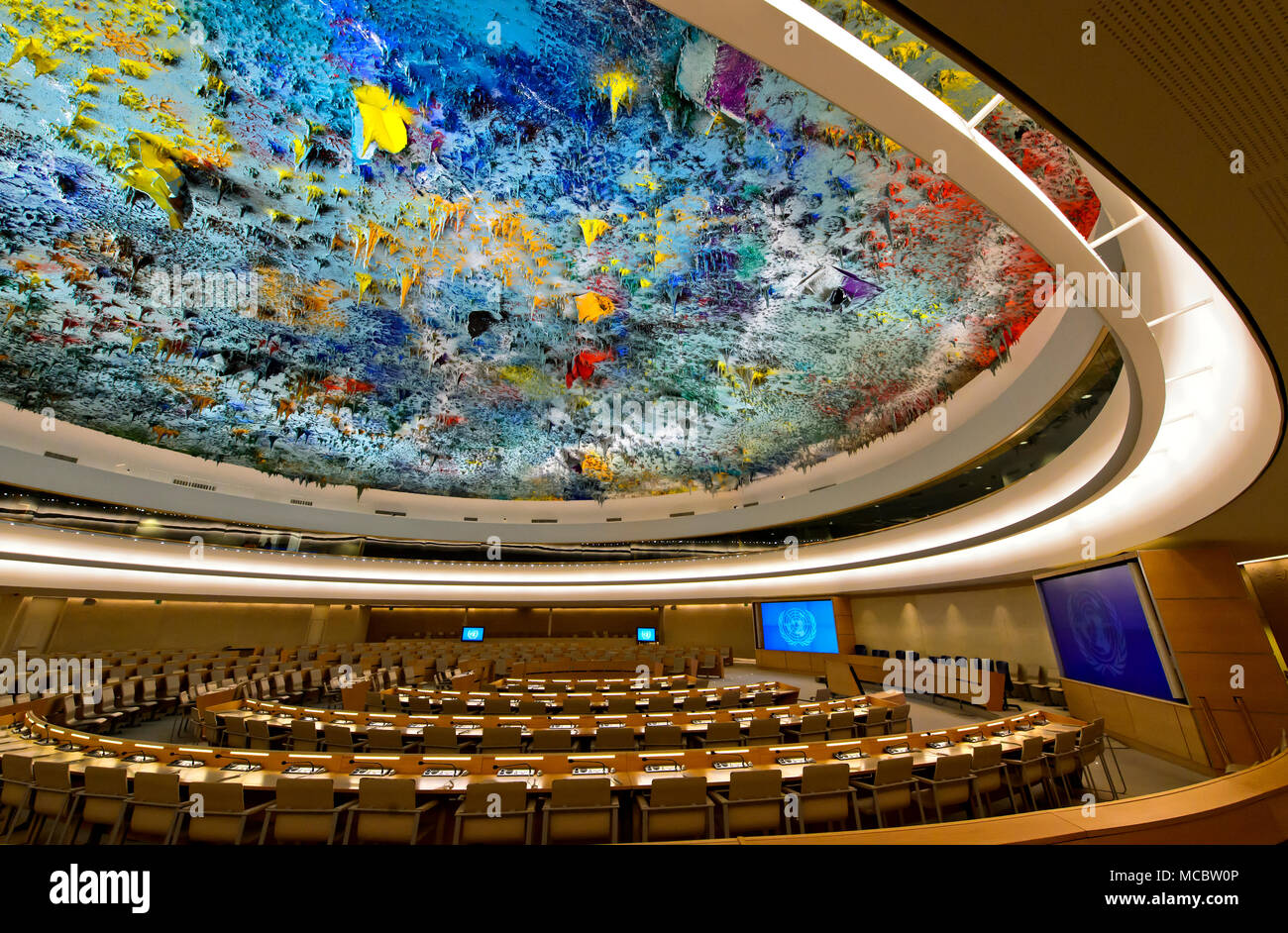 Human Rights and Alliance of Civilization Chamber with ceiling sculpture by Miquel Barceló, Palais des Nations, United Nations, Geneva, Switzerland Stock Photo