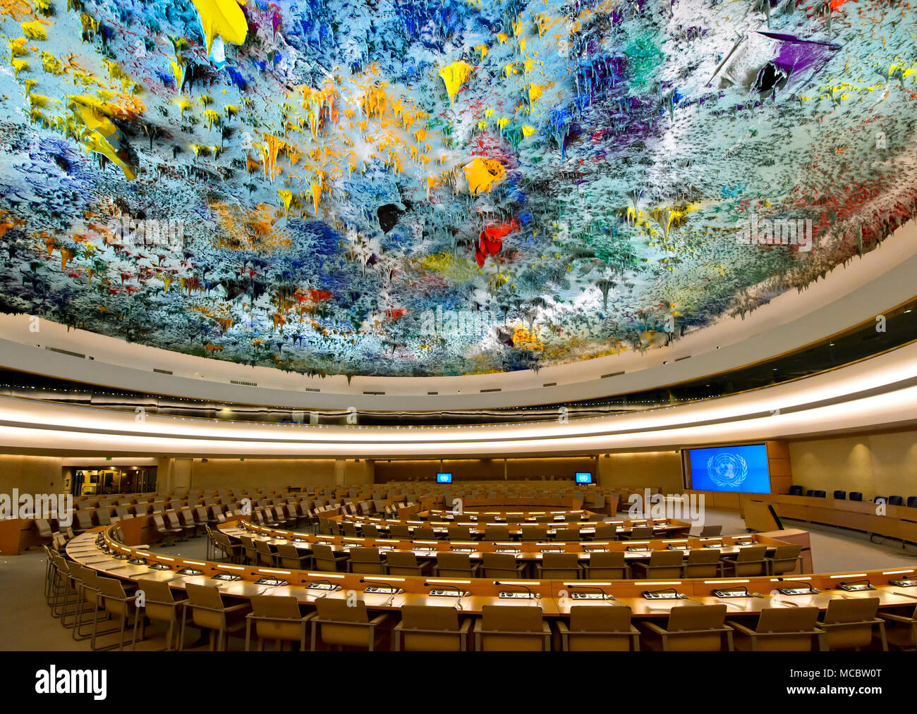 Human Rights and Alliance of Civilization Chamber with ceiling sculpture by Miquel Barceló, Palais des Nations, United Nations, Geneva, Switzerland Stock Photo