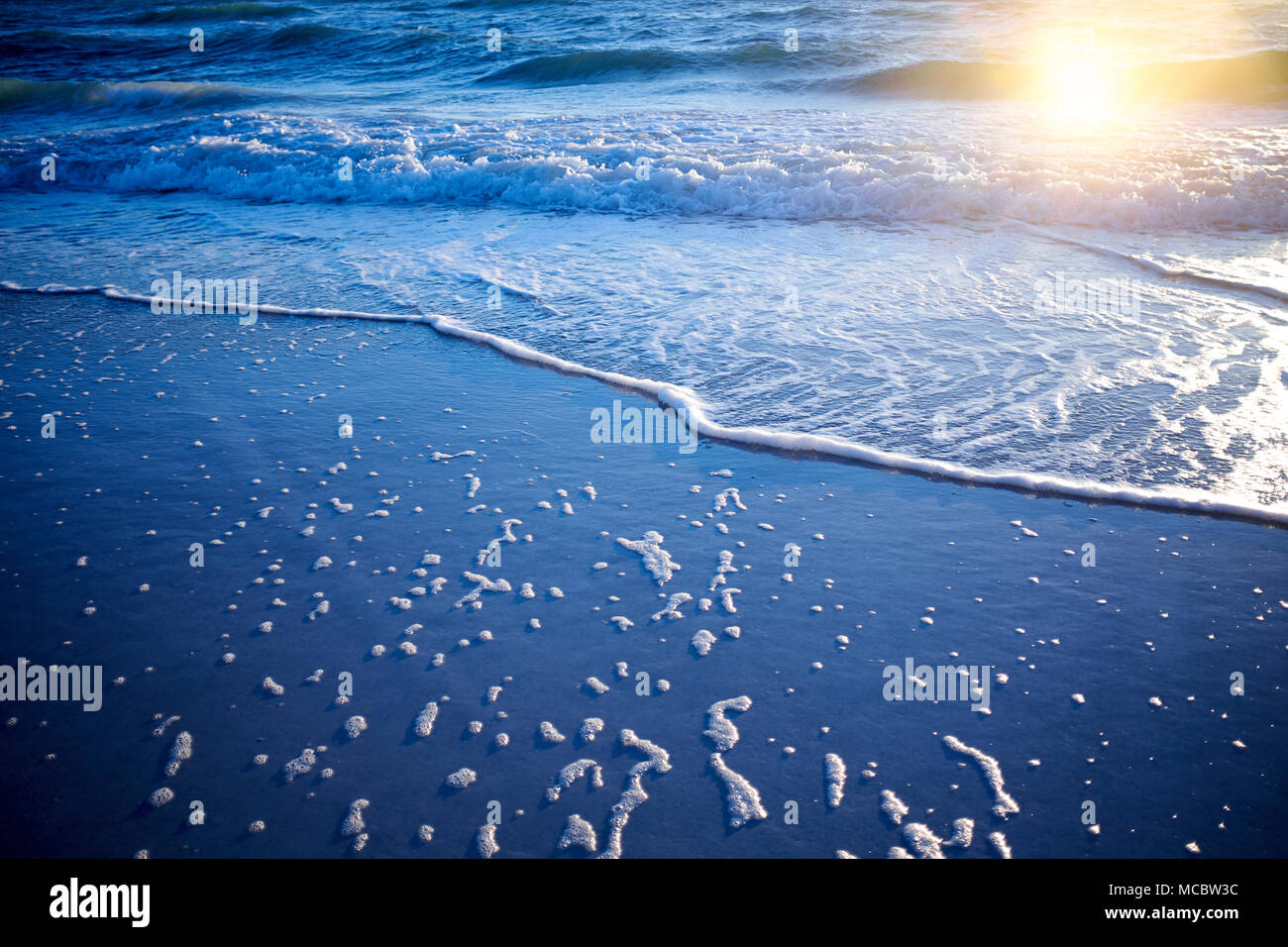 Low angle view of sea foam on a beach at sunset lit by the glow of the sun left behind on the wet sand during the ebb and flow of the surf on Anna Mar Stock Photo