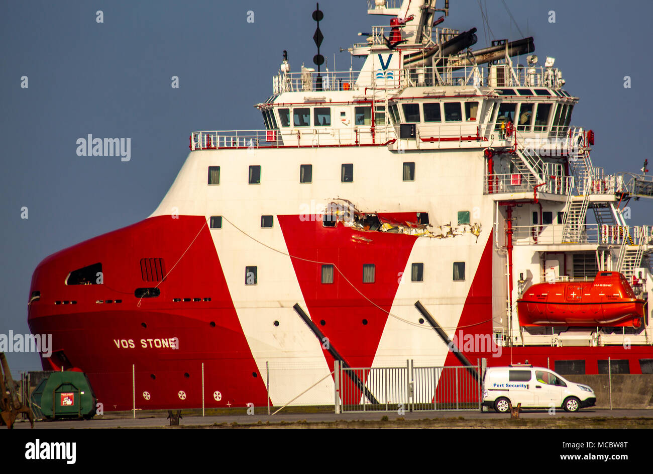 Vos Stone damage after collision with wind turbine on the Arkona offshore wind park Stock Photo